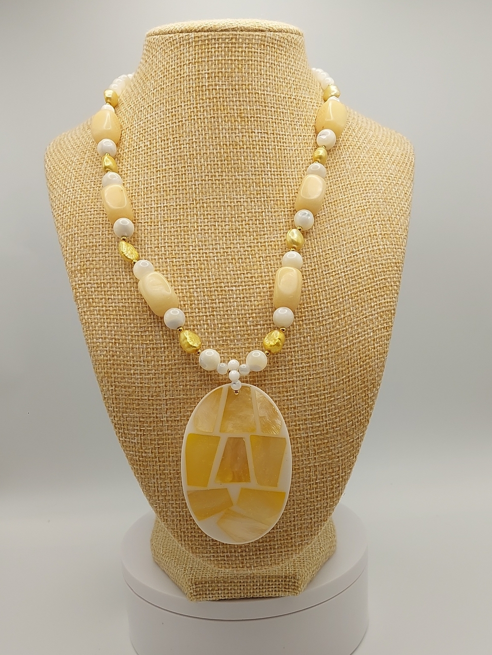 LEE SANDS Signed Yellow Mosaic Natural stone Pendant Necklace